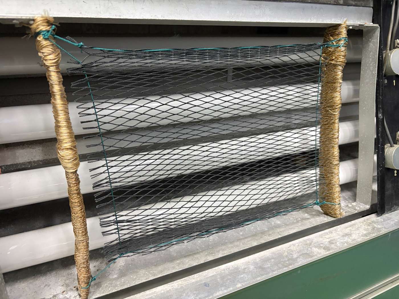 A net sample under UV-resistance testing in the Jaya Nets lab