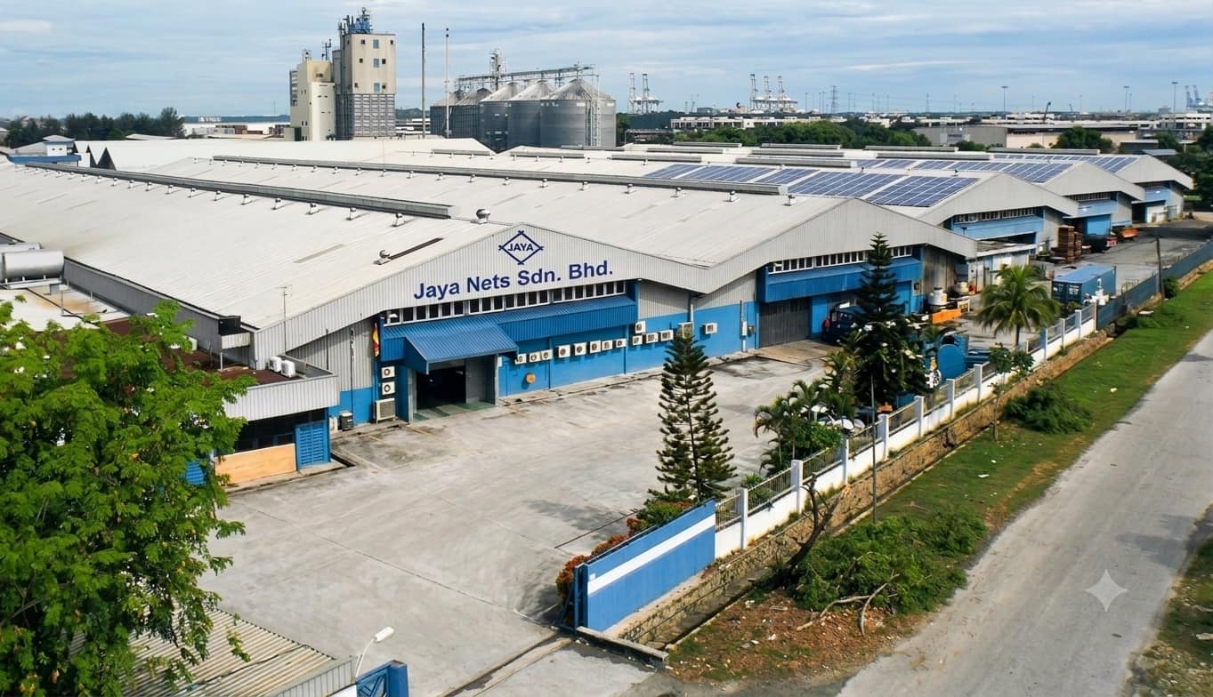 Aerial view of the Jaya Nets factory in Klang, Selangor, with solar panels on the roof