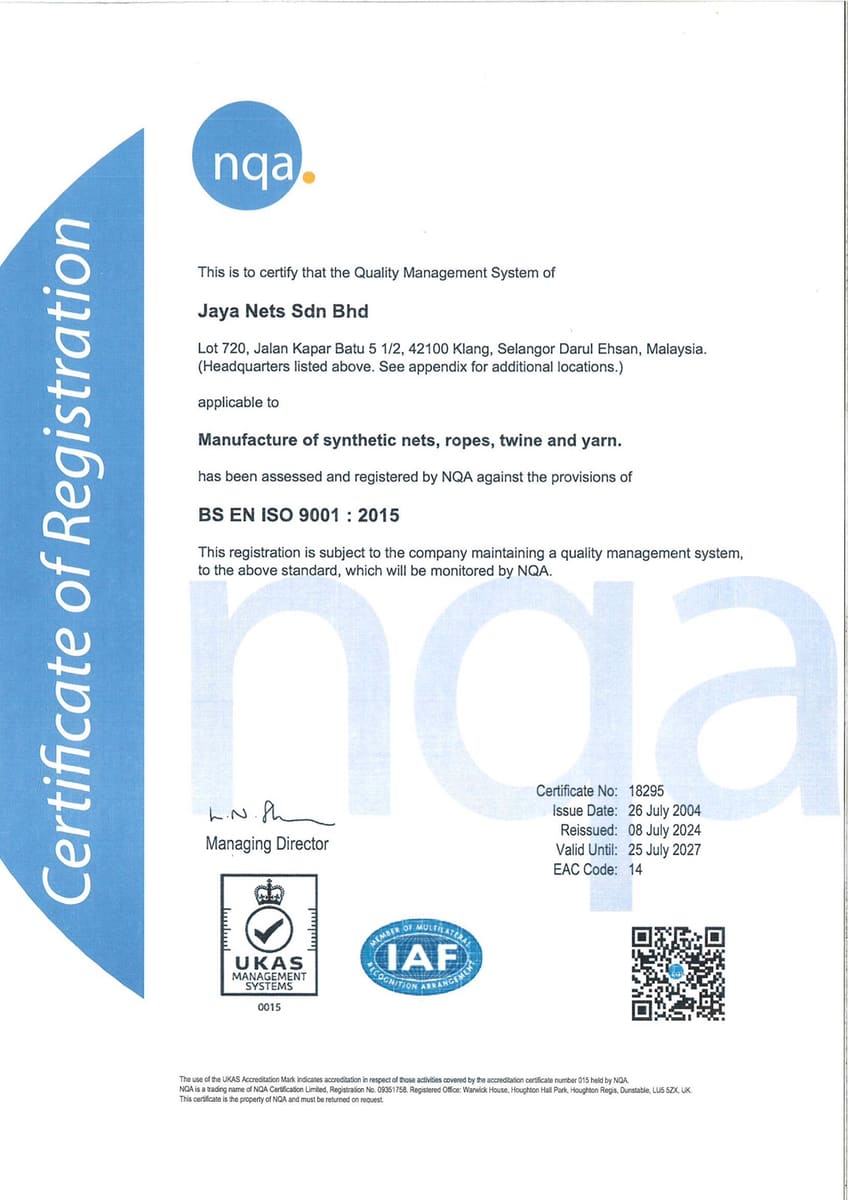 Jaya Nets BS EN ISO 9001:2015 certificate of registration, issued by NQA, certificate number 18295